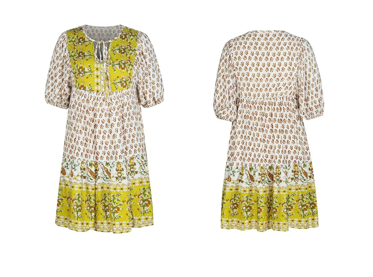 2023 Bohemian Mustard Yellow Floral Print Puffed Sleeve Dress (Size S to XL) available in 3 colors