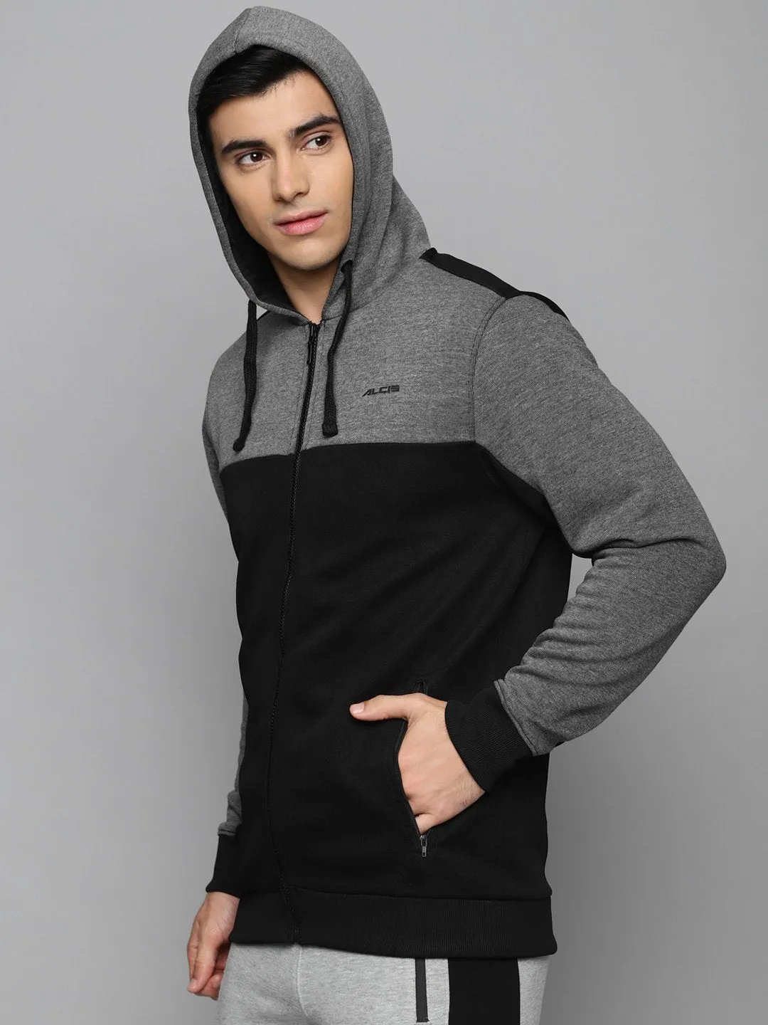 Alcis Men Black & Charcoal Grey Colourblocked Hooded Sweatshirt