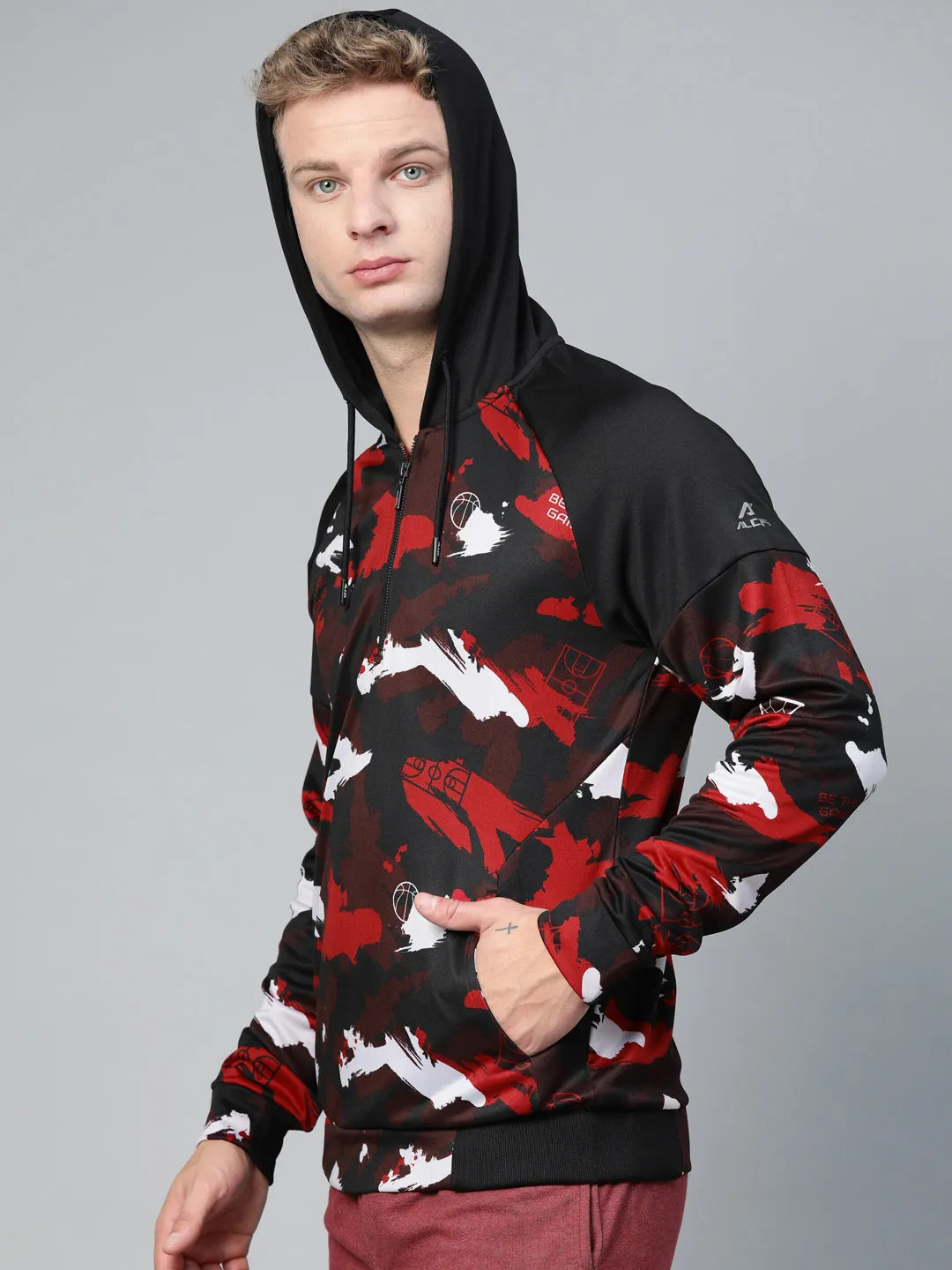 Alcis Mens Black and Red Graphic Hooded Sweatshirt - Stylish and Comfortable Activewear