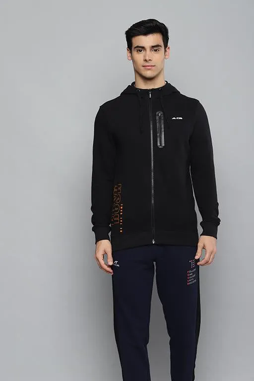 Alcis Men Black Solid Hooded Sweatshirt with Printed Details