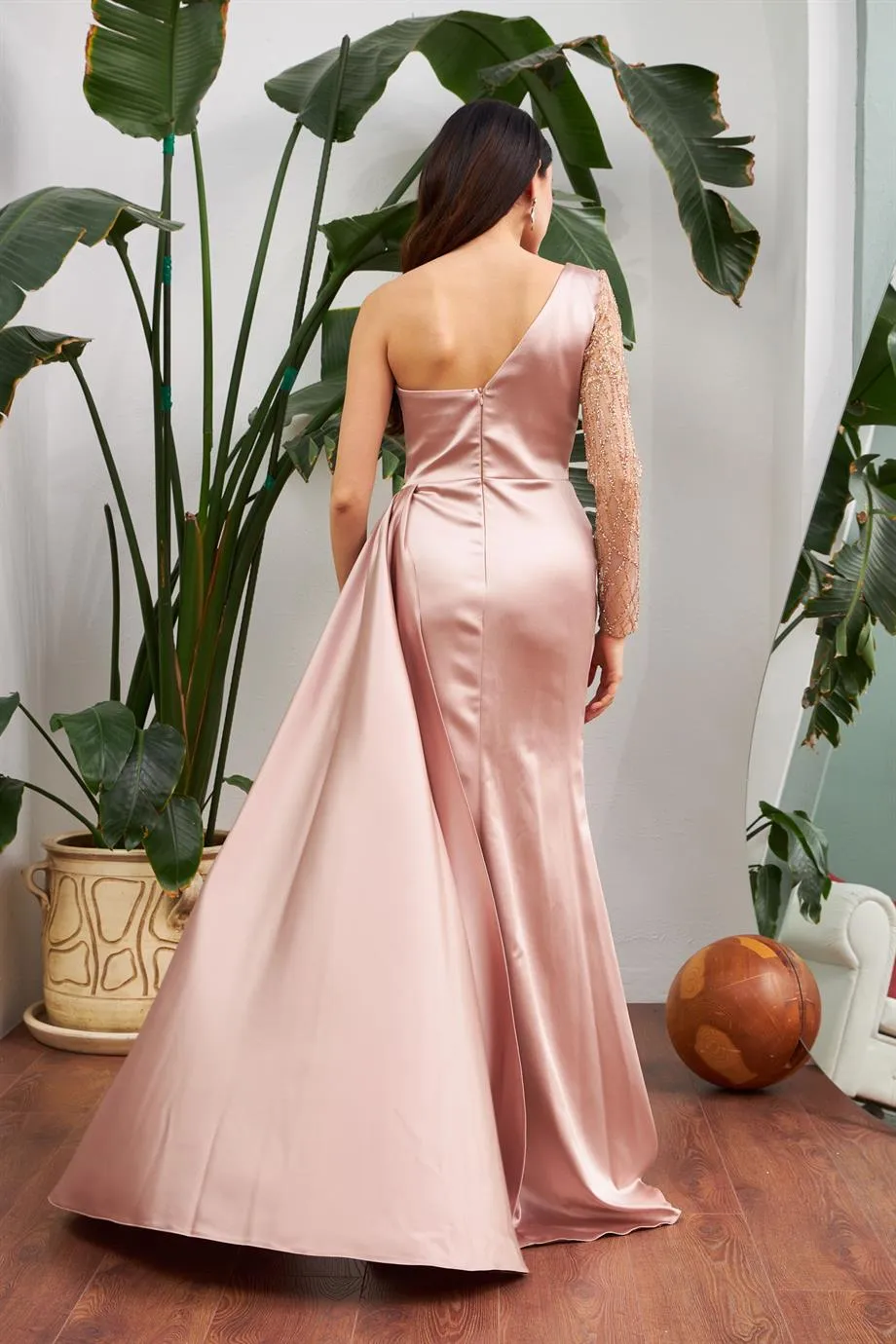 Angelino Gold Satin One Shoulder Slip Long Evening Dress