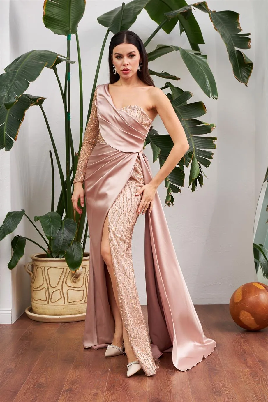 Angelino Gold Satin One Shoulder Slip Long Evening Dress