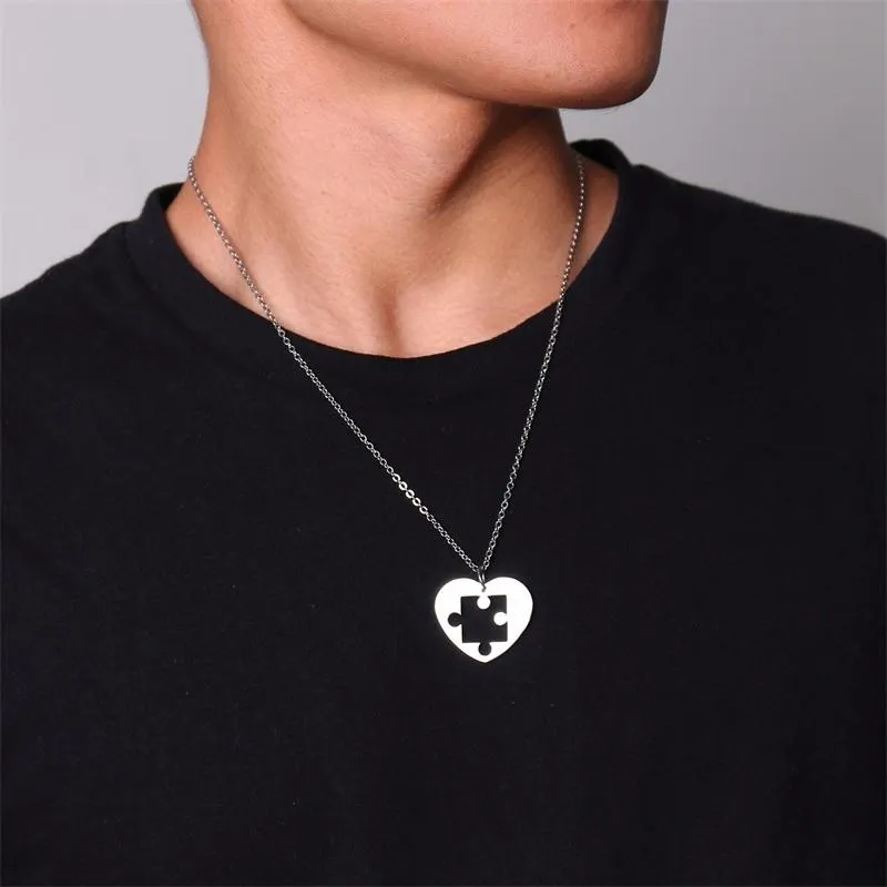 Autism Puzzle Piece Heart Necklace In Silver Color Hand Coin Women Men Neckalce Personalized Friendship Couples Jewelry