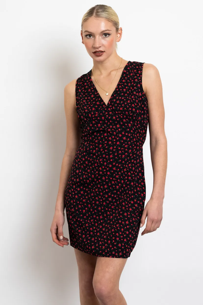 Black and Red Floral Tie Waist Slip Dress