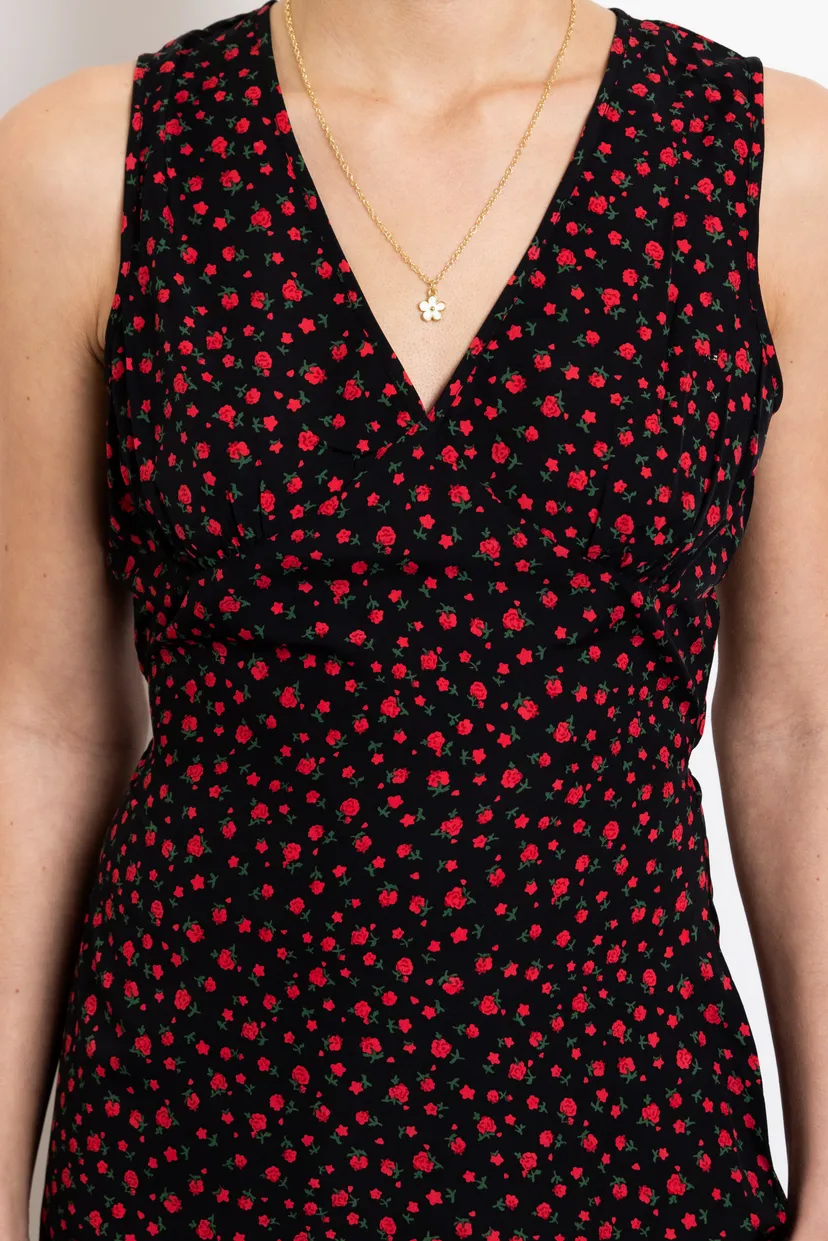 Black and Red Floral Tie Waist Slip Dress