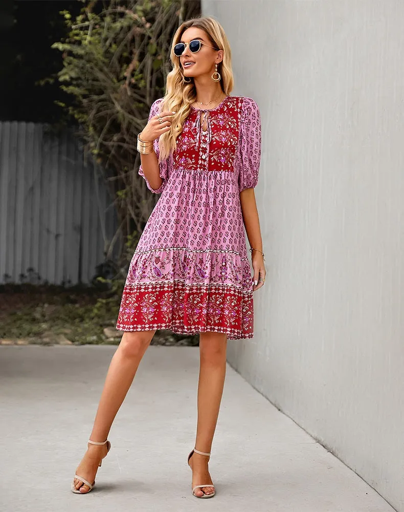 Bohemian Red Fuchsia Floral Puffed Sleeve Dress (Size S to XL)