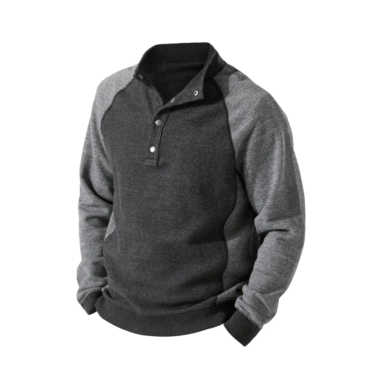 COLOR BLOCK RAGLAN BUTTON STAND COLLAR SWEATSHIRT