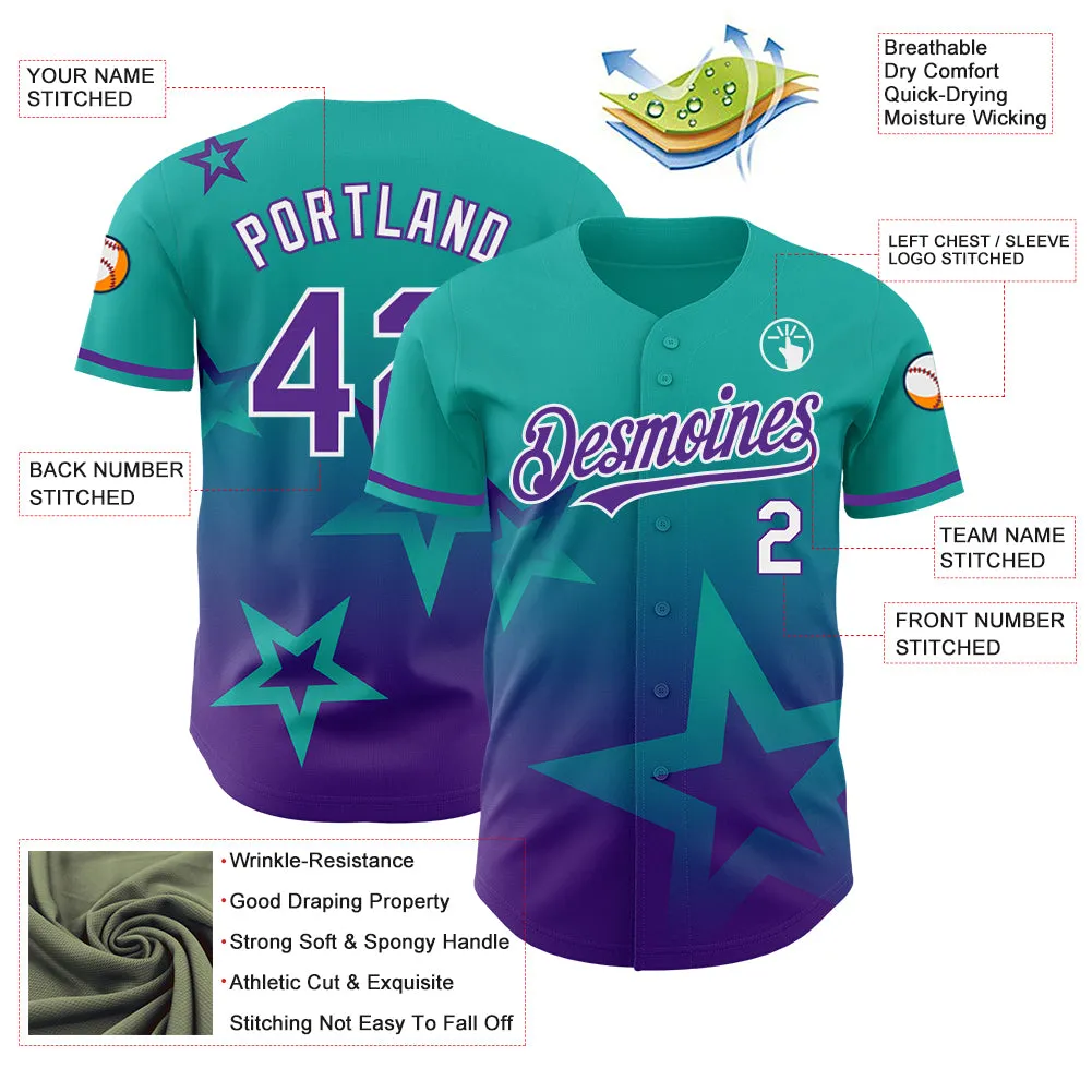 Custom Aqua Purple-White 3D Pattern Design Gradient Style Twinkle Star Authentic Baseball Jersey