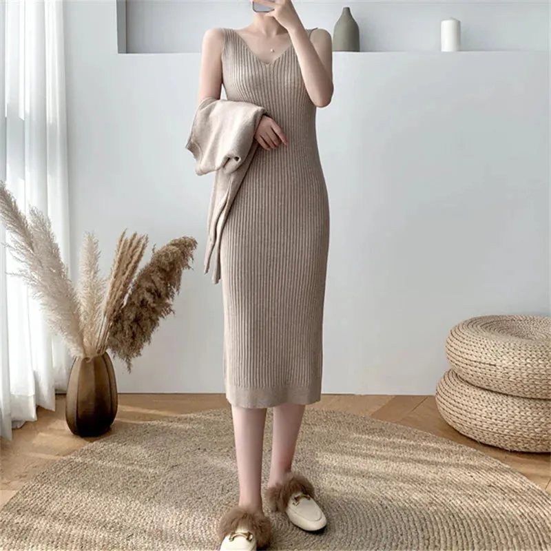 deanwangkt 2 Pieces Set Long Dress for Women Fall Winter Korean Fashion Sleeveless Knitted Dress and Cropped Sweater Set