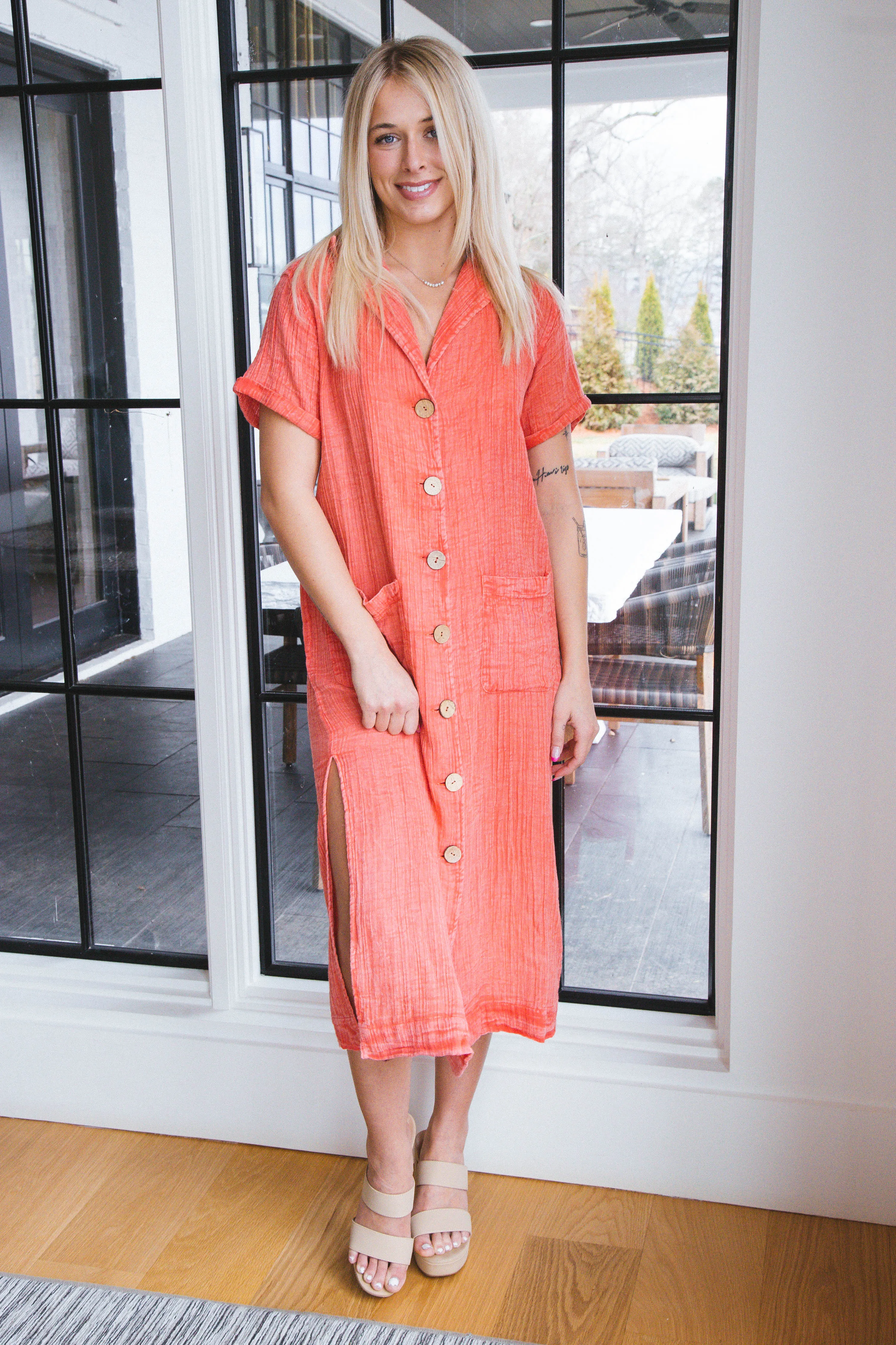 Eliana Gauze Midi Dress, Neon Coral