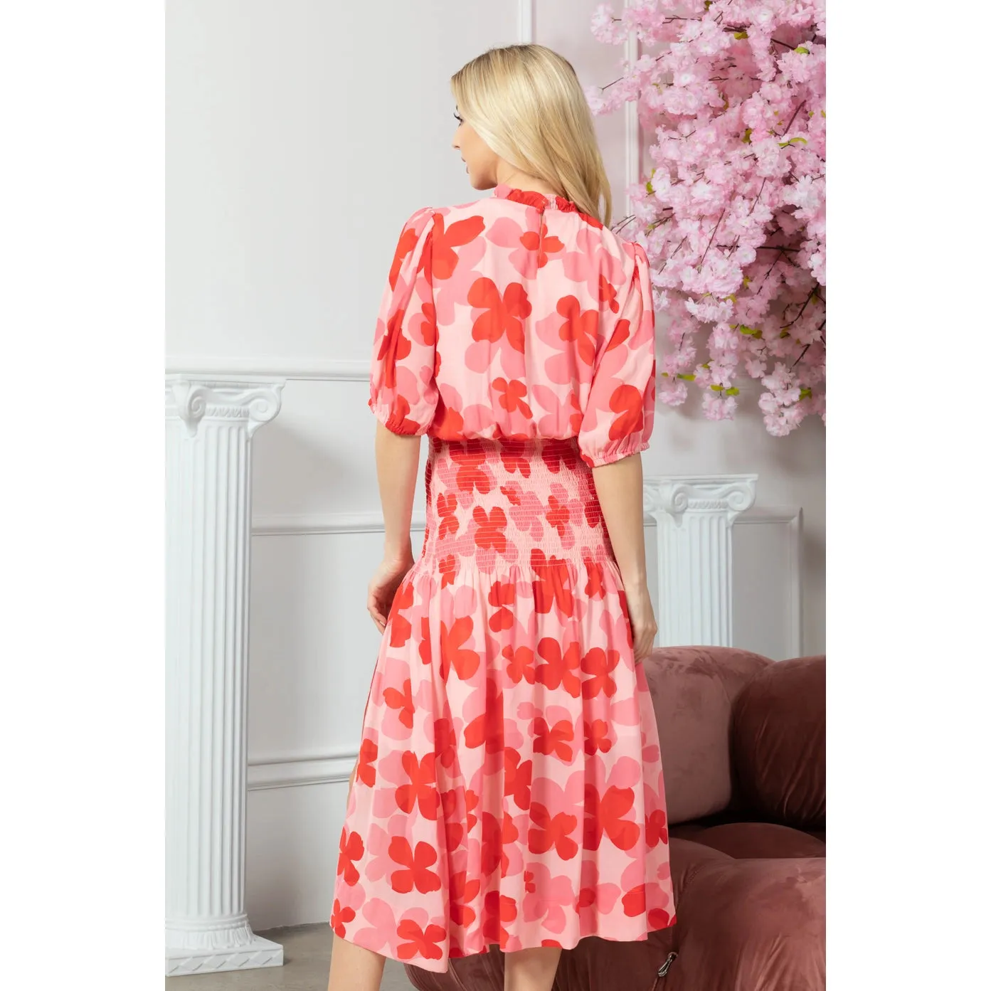 Floral Smocked Mock Neck Midi Dress