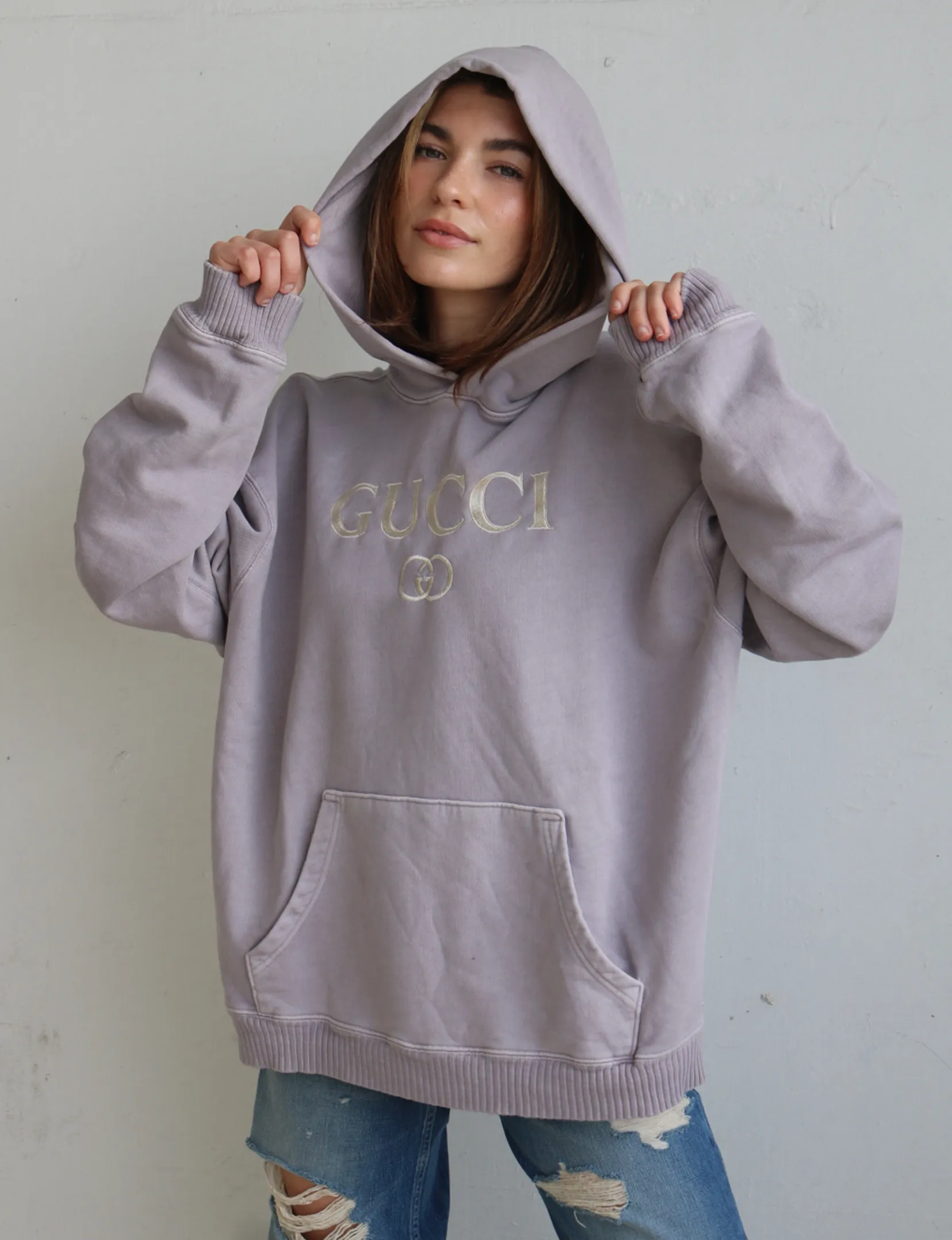 Gucci Cream Embroidered Fleece Hoodie, Lavender