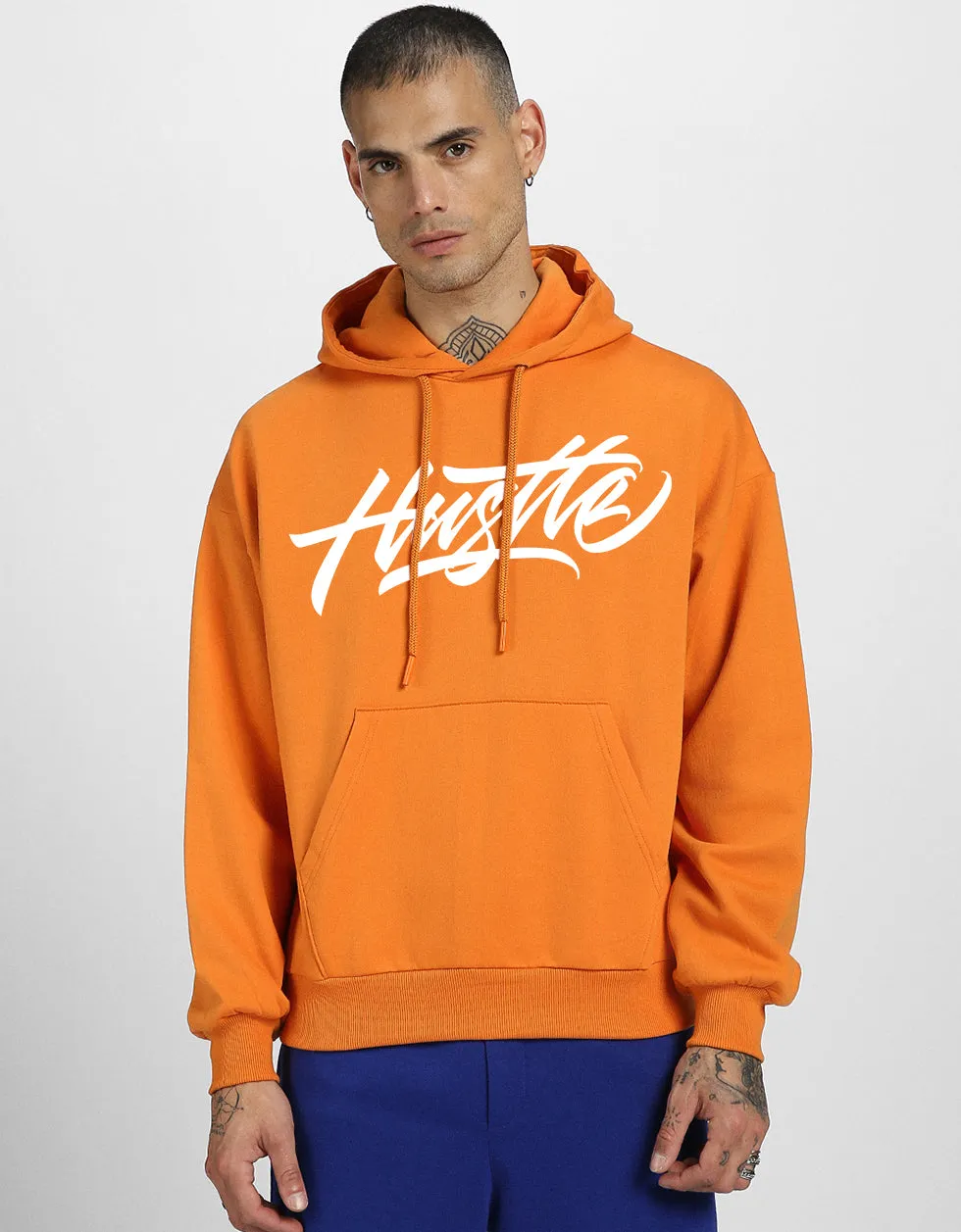 Hustle Orange Oversized Back Graphic Printed Hoodie