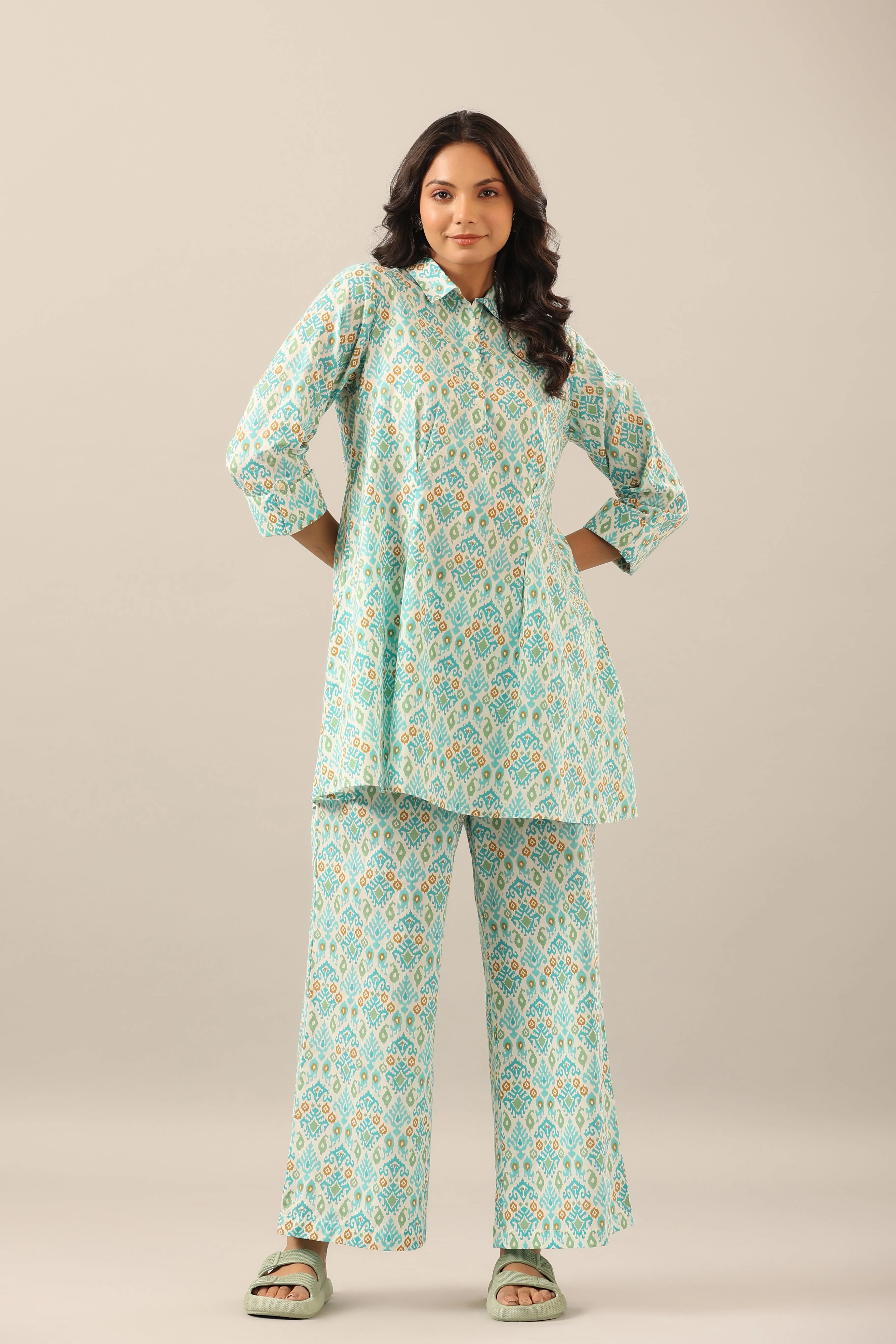 Ikat on White Cotton Collared Lounge Co-ord Set