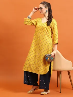 Indiessence Women Mustard Geometric Printed Kurta