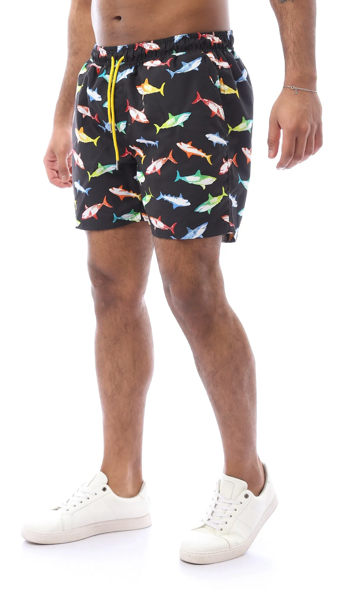 O167847 Colorful Sharks Slip On Black Swim Shorts