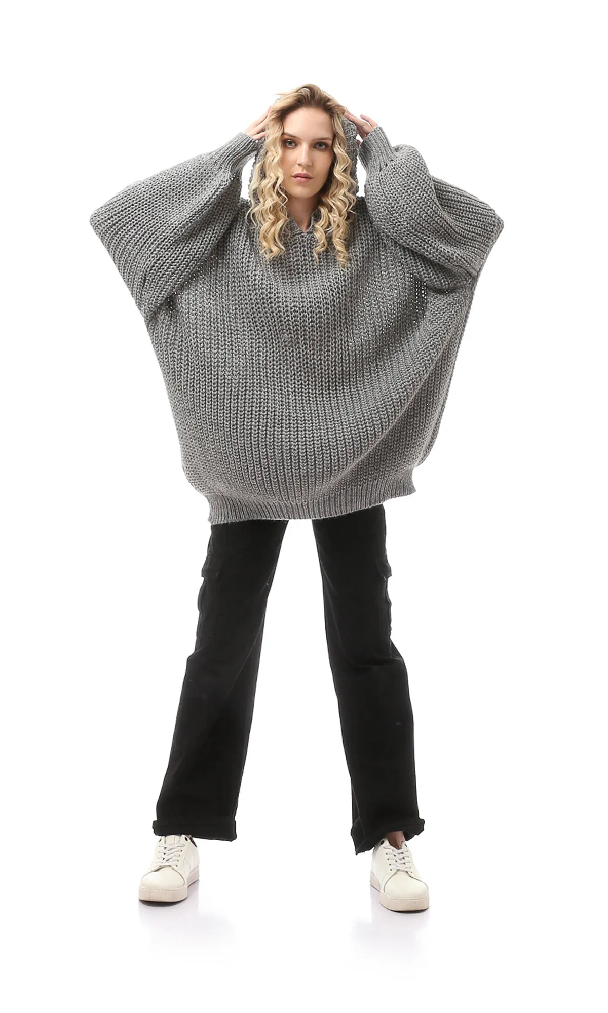 O168904 Oversized Grey Knitted Slip On Pullover