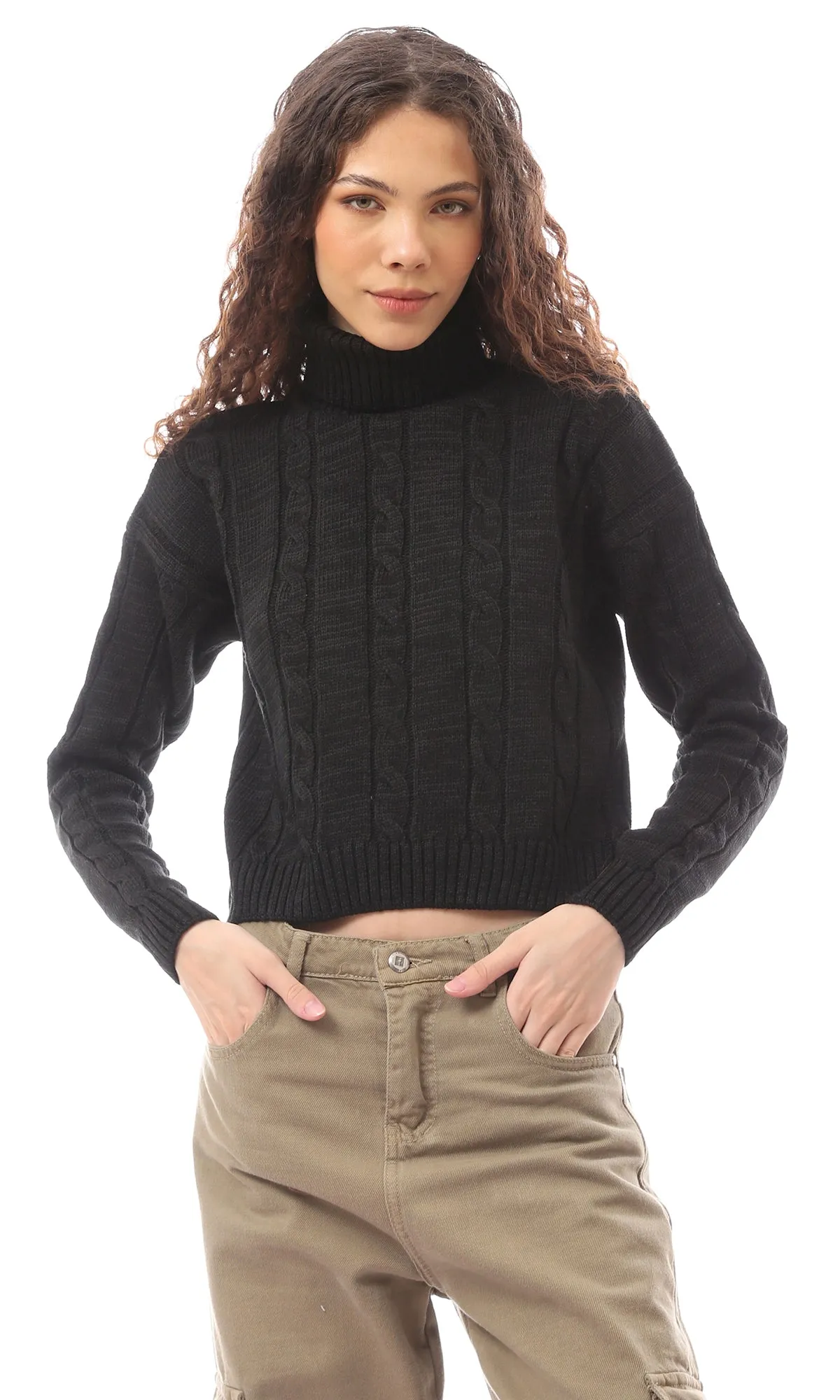 O169342 Turtle Neck Slip On Black Winter Pullover