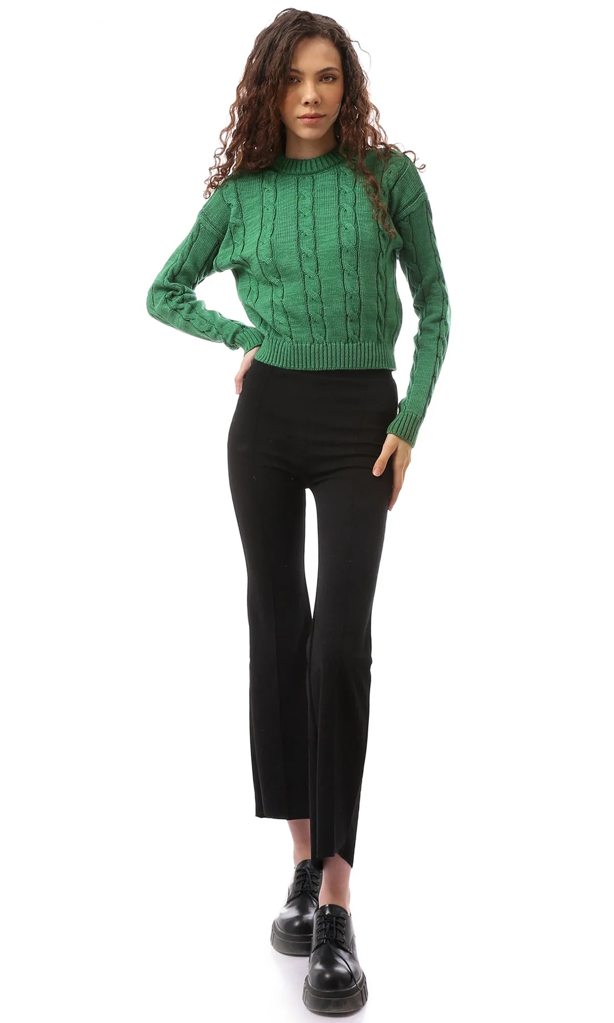 O169347 Knitted Slip On Round Neck Green Pullover