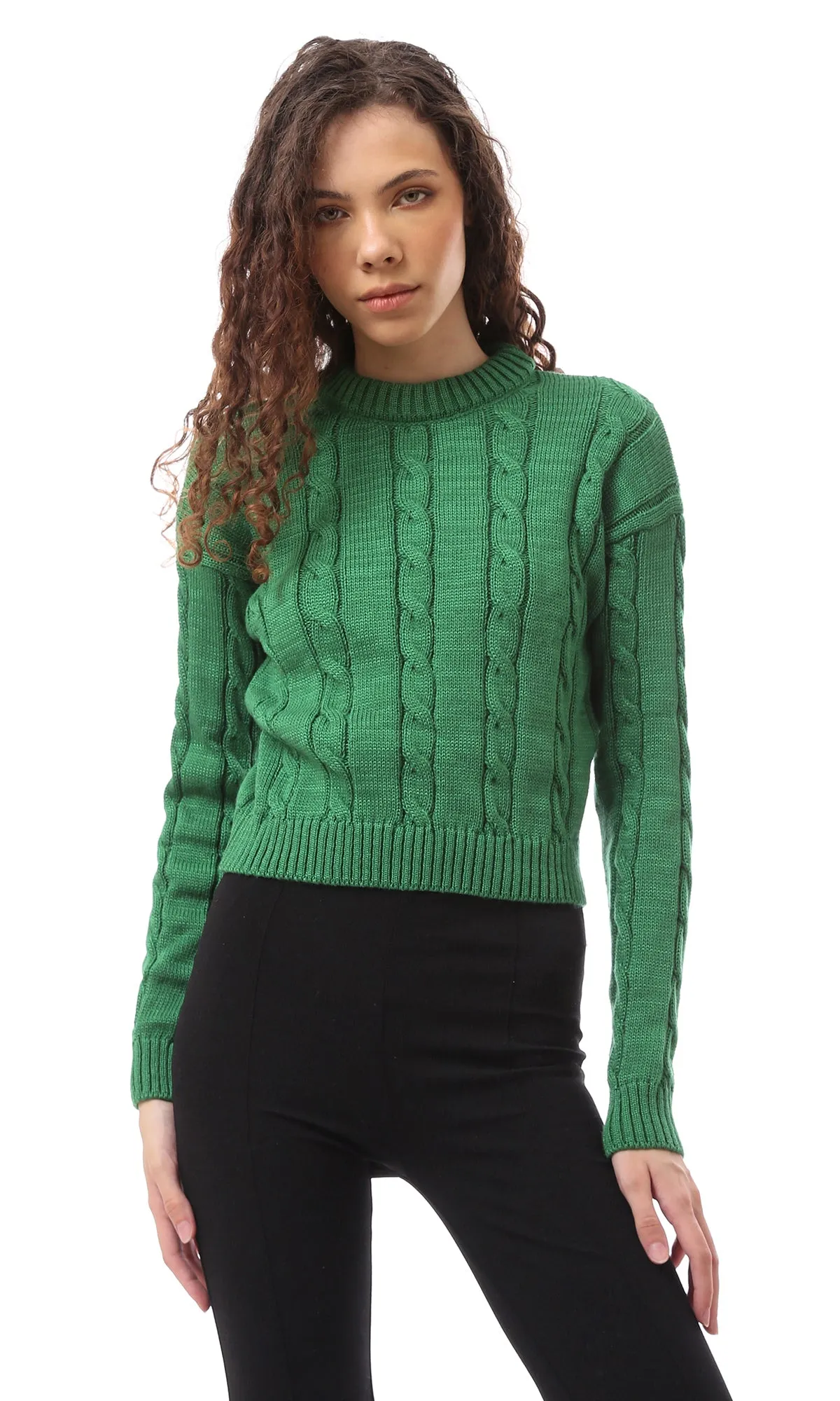 O169347 Knitted Slip On Round Neck Green Pullover