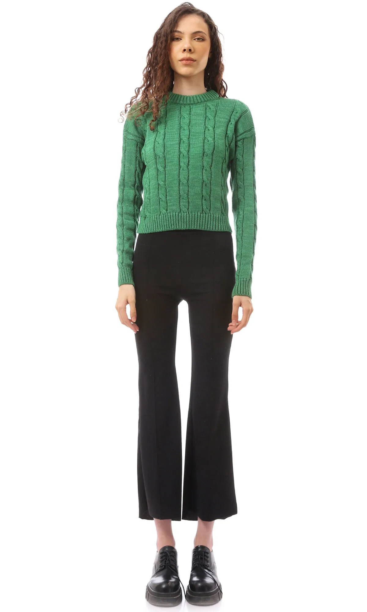 O169347 Knitted Slip On Round Neck Green Pullover