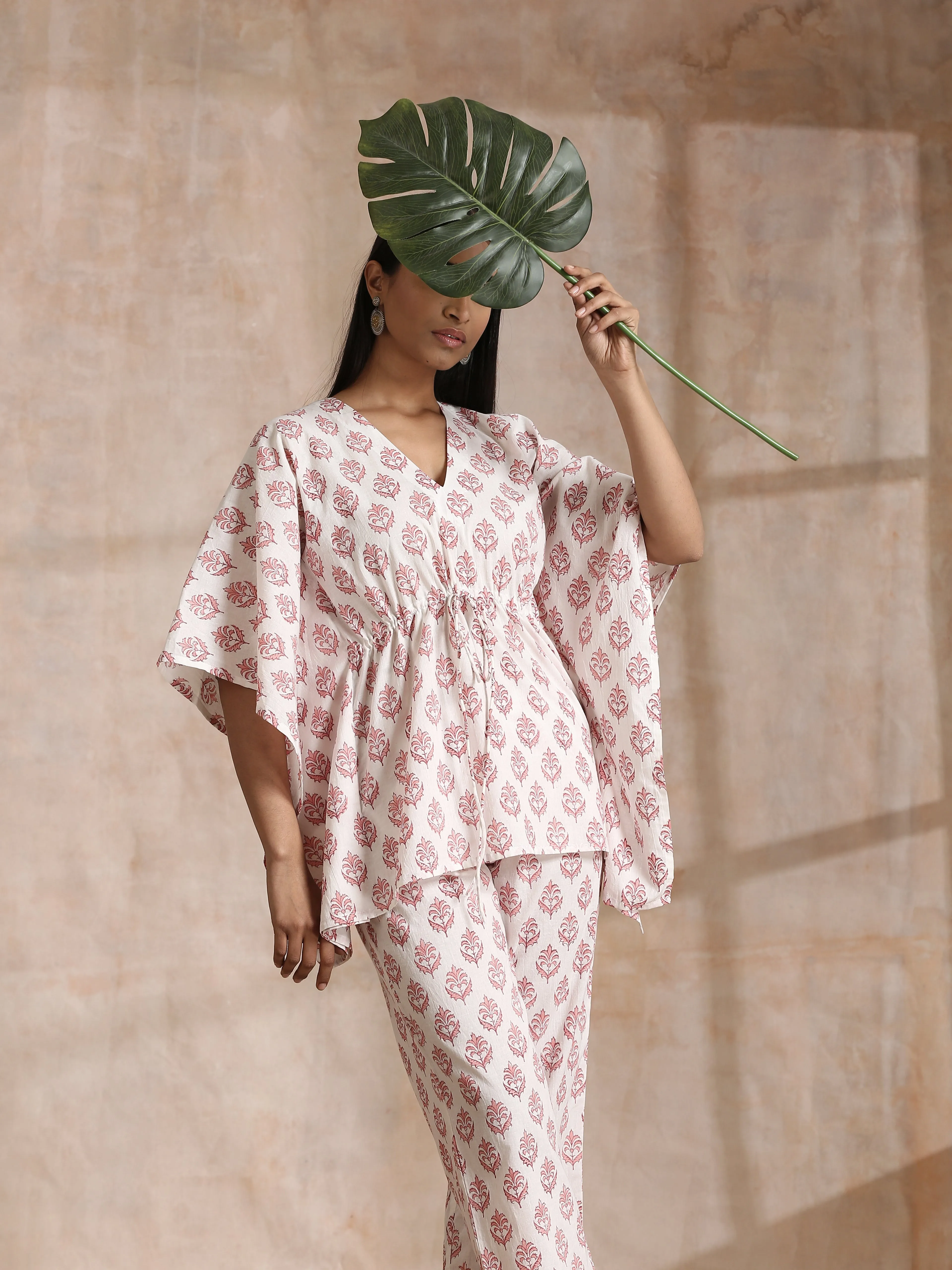 Pink Buta On White Block Print Cotton Kaftan Co-Ord Set