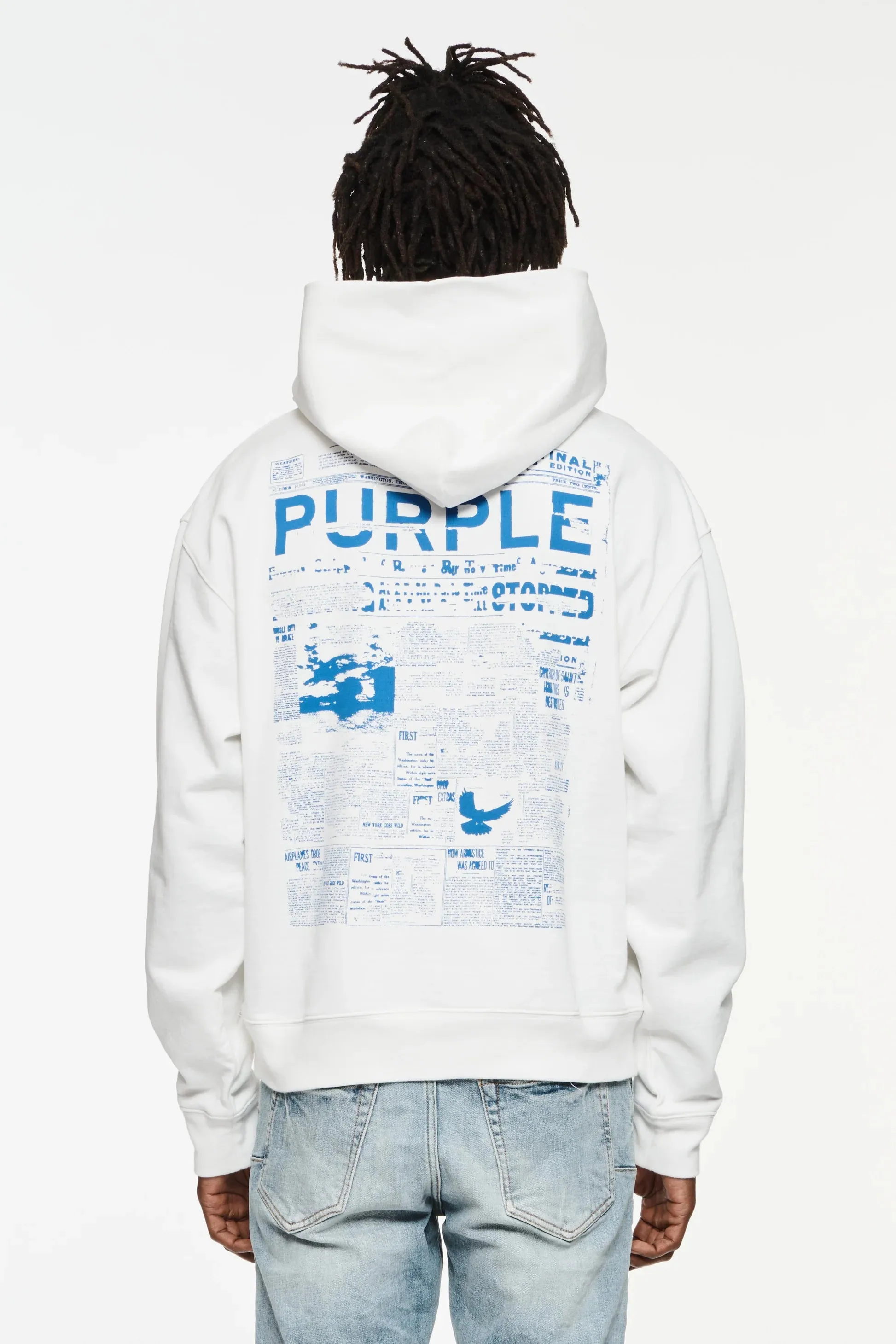 PURPLE BRAND P447 BLUE NEWSPRINT HOODIE