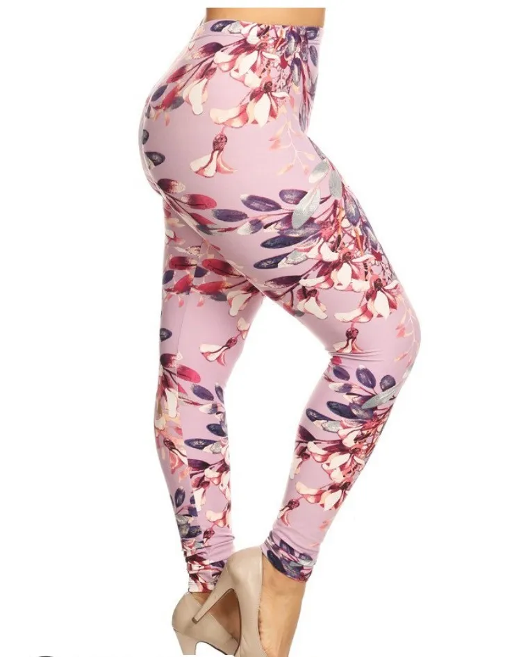 Spring Oriental Garden Floral Brushed Leggings Plus 2x-4x Size