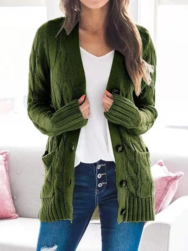 Stylish Women's Cable-Knit Buttoned Cardigan with Pockets