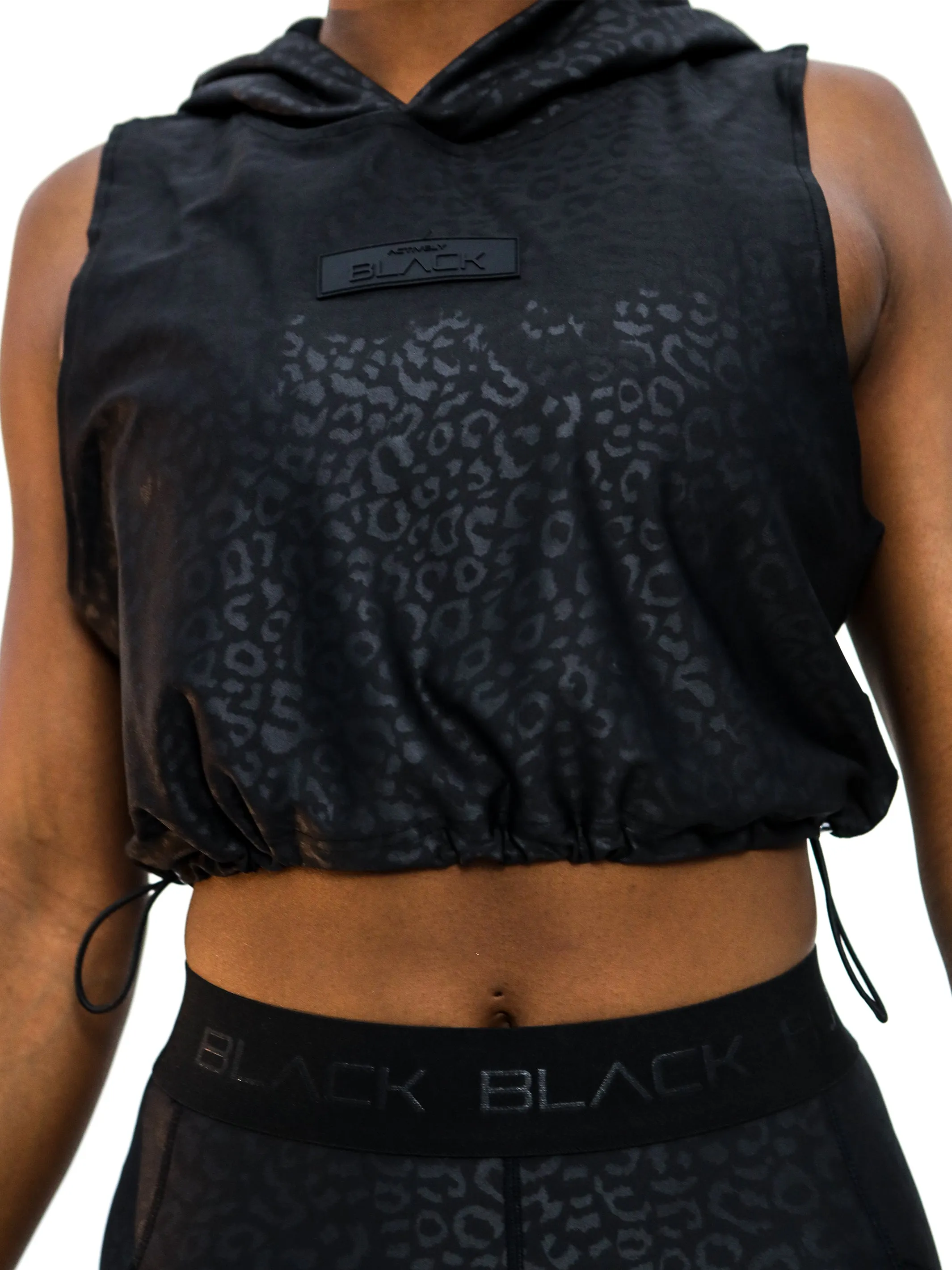 Women's Black Leopard Sleeveless Crop Hoodie