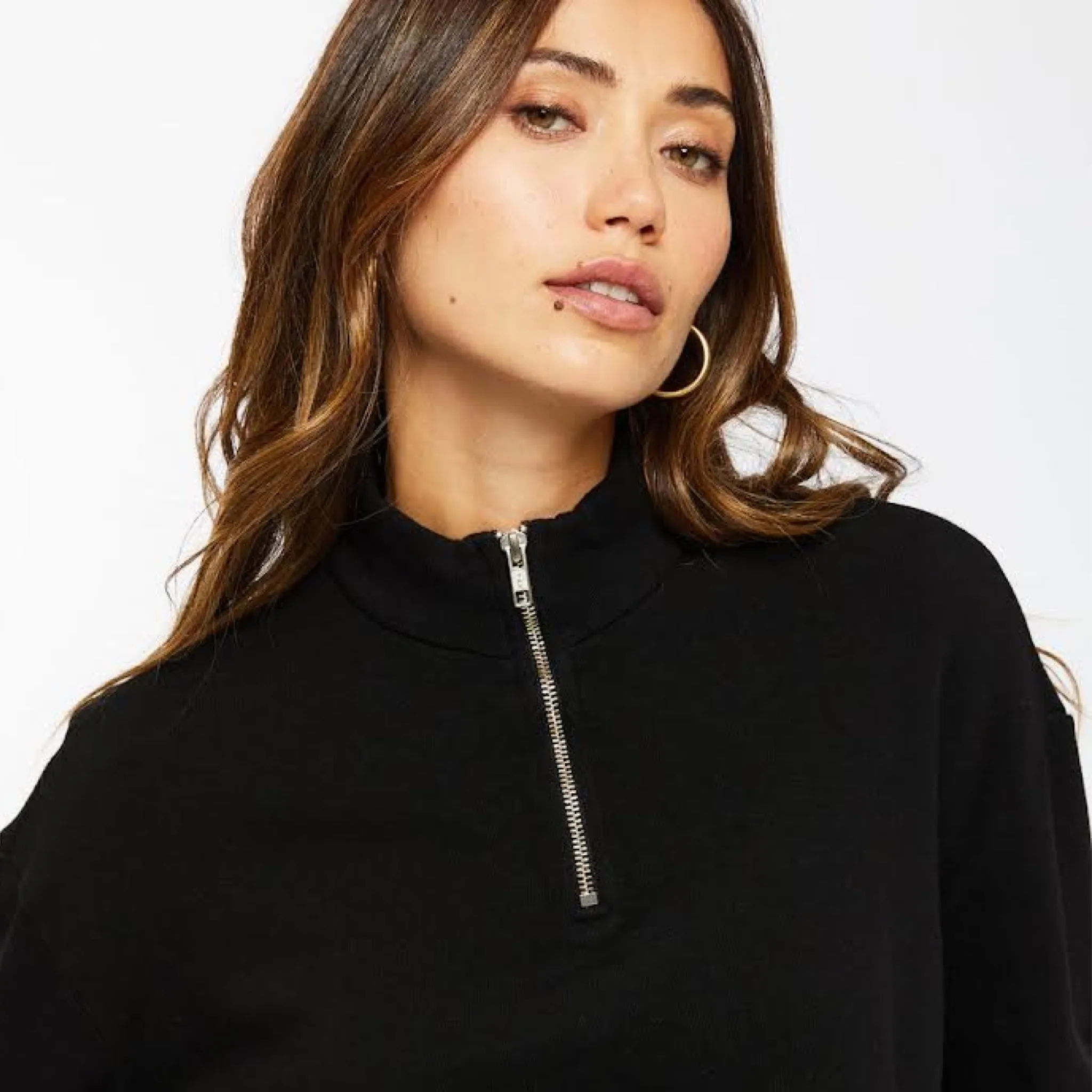 Zip Neck Crop Pullover - Black.