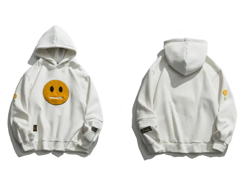 Zipper Pocket Smiley Face Patchwork Fleece Hoodies